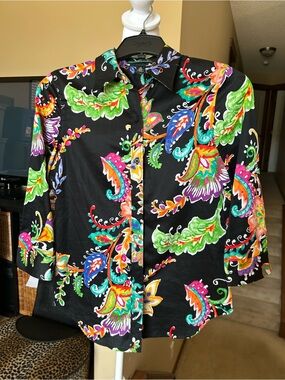 Ralph Lauren Black Button-Down 3/4 sleeve 100% Cotton Bright Paisley Print